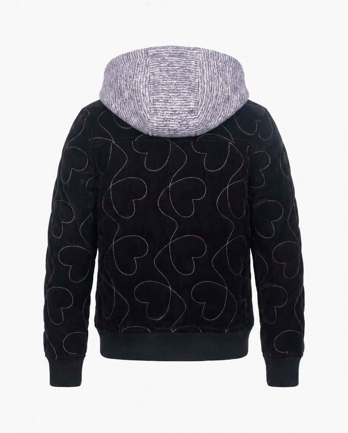 Back view of the Silver Hearts Bomber Jacket featuring silver heart embroidery and a stylish hood.