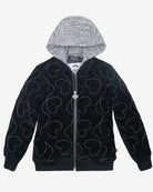 Boucle Pleated Set: Black heart-patterned hoodie by Appaman with zip closure and soft lining.
