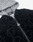 Black Boucle Pleated Set with gray hoodie and heart quilted design for active kids.