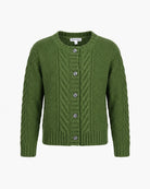 An olive green cable-knit cardigan sweater with a button-up front, displayed on a clean white background.