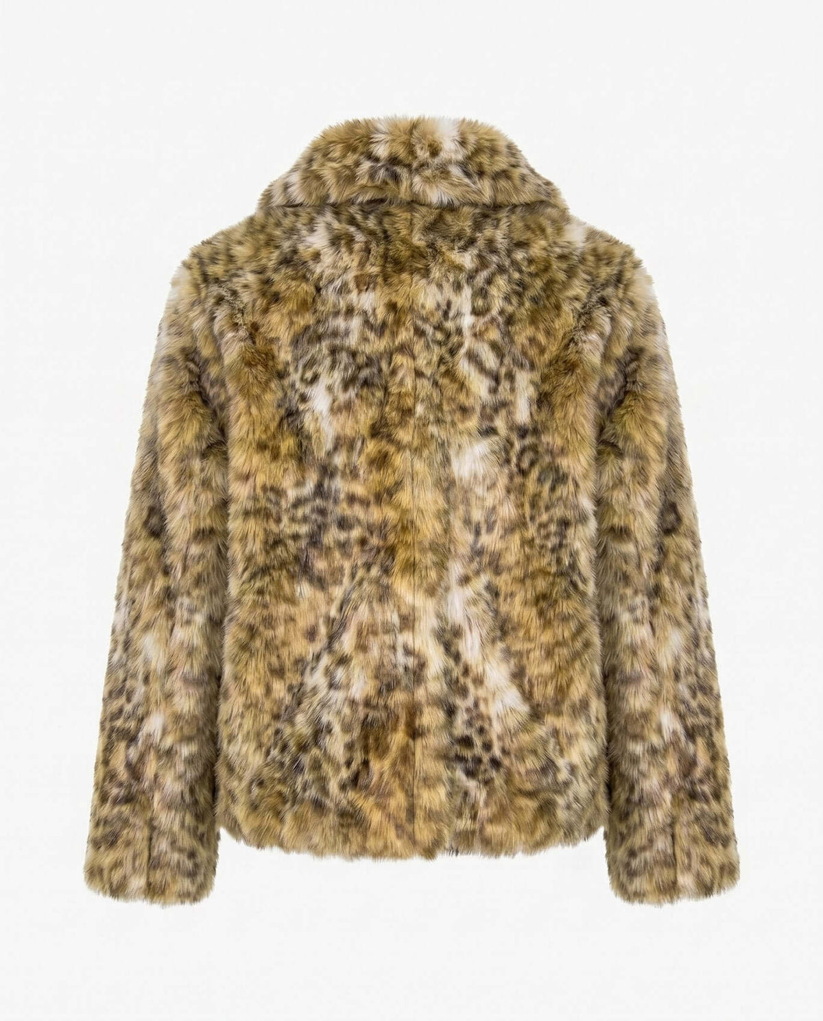 Leopard Cleo Faux Fur Coat back view showcasing luxurious leopard print design.