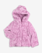 Pink Mousse Cleo Faux Fur Coat with a soft, cozy design and a hood, perfect for staying warm and stylish.