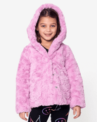 Pink Mousse Cleo Faux Fur Coat displayed on a young girl with a playful smile, featuring a hood and soft pink fabric.