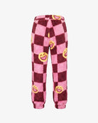 Pink Cozy Pants featuring a cheerful checkerboard pattern and smiley emojis, perfect for active girls.