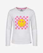 White Elara Tee featuring a cheerful smiley graphic on a lightweight, breathable long-sleeve design for kids.