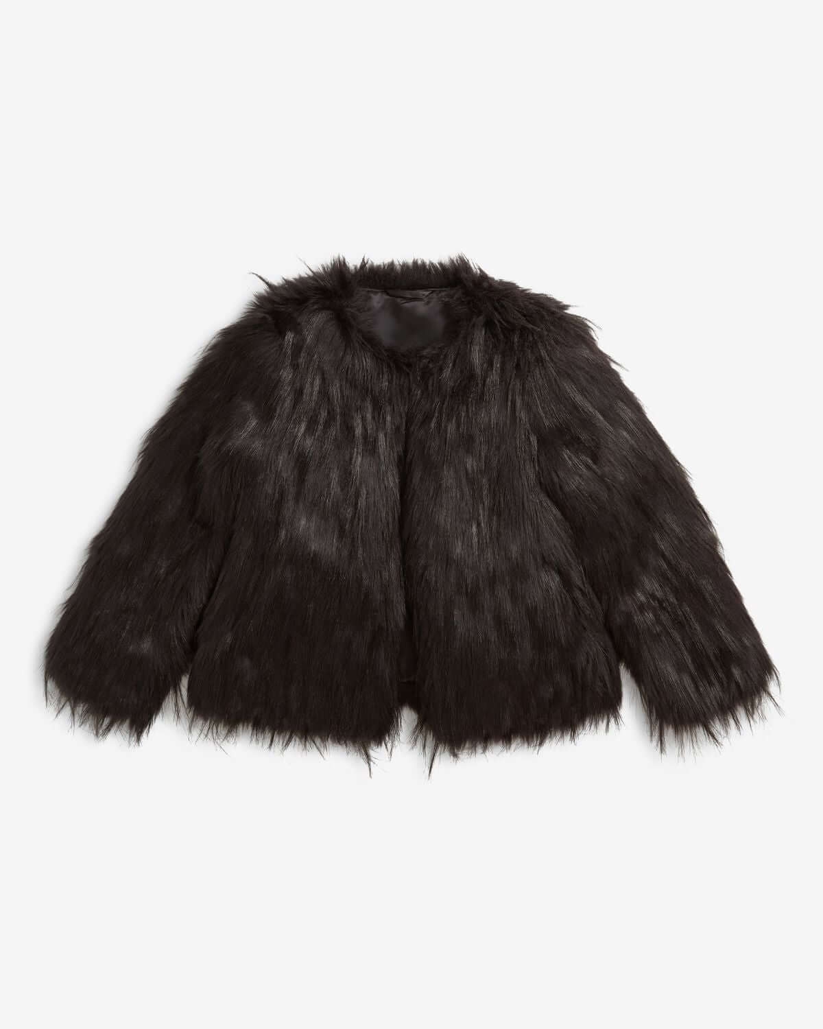 Black Faux Fur Coat displayed on a plain background showcasing its luxurious, soft faux fur texture and design.