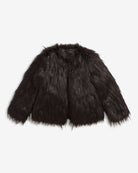 Black Faux Fur Coat displayed on a plain background showcasing its luxurious, soft faux fur texture and design.