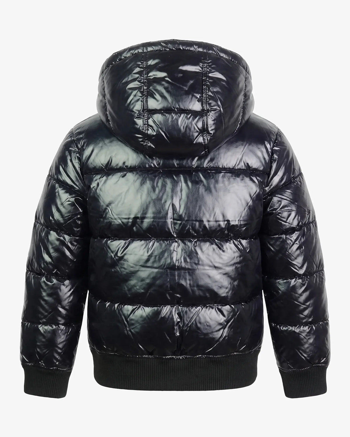 Back view of Shiny Black Flurry Coat showcasing its glossy finish and insulated design.
