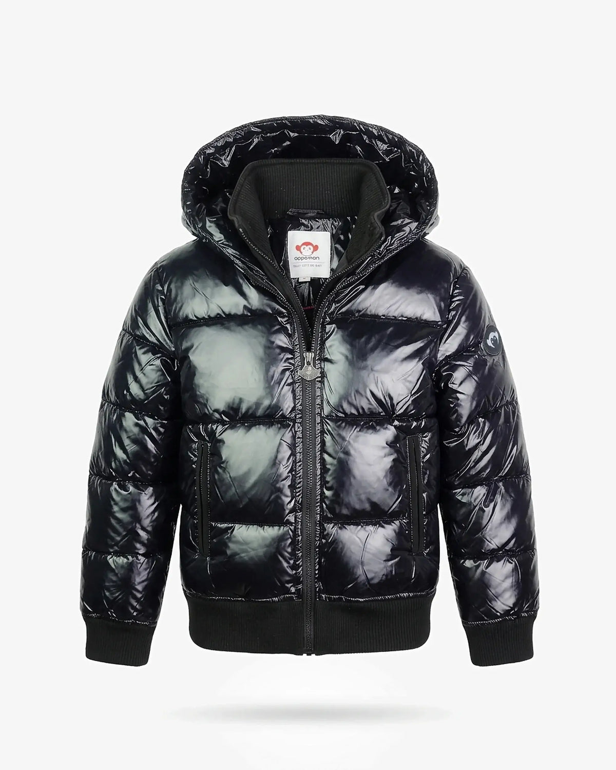 Shiny Black Flurry Coat featuring insulation and weather-resistant shell for warmth and style.