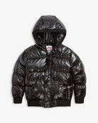 Glitter Black Slim Puffy Coat for kids, featuring a shiny black finish, cozy hood, and quilted puffer design.