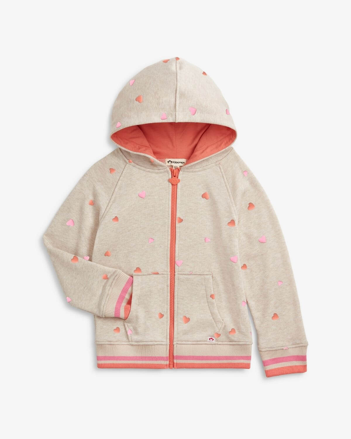 Heart Oatmeal Cozy Raglan Hoodie with pink and orange hearts, zipper, and hood for everyday adventures.
