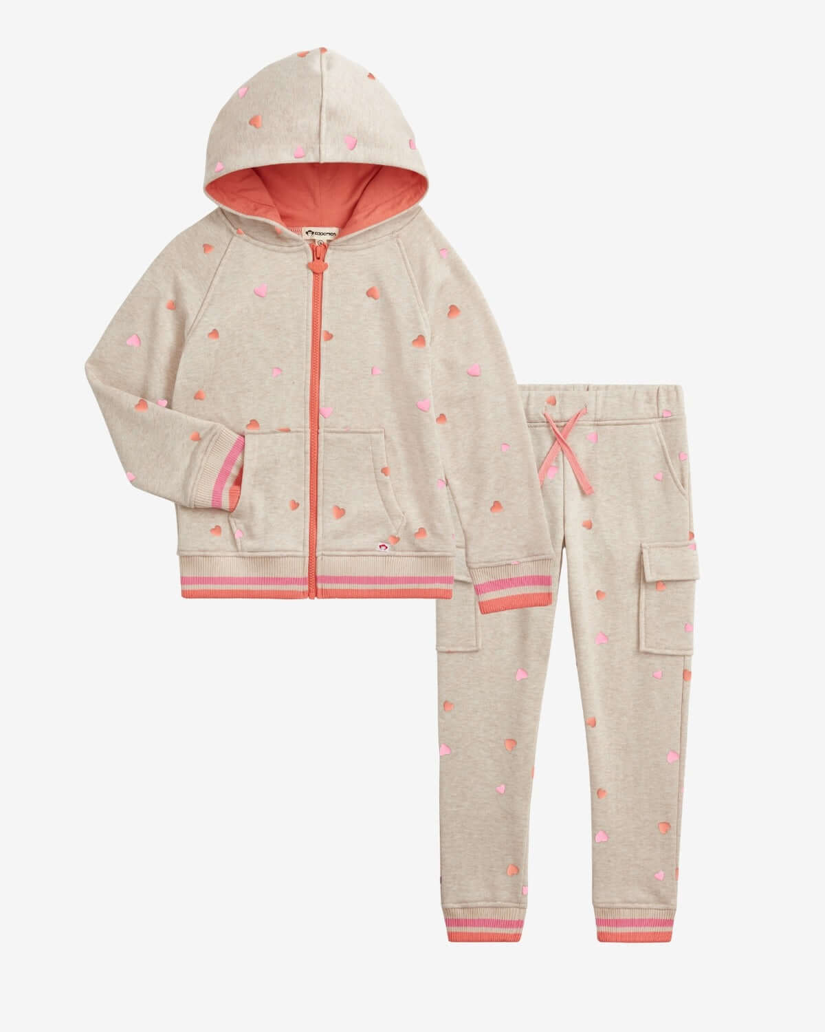 Heart Pink Sweat Set featuring a soft hoodie with heart patterns and matching joggers with cargo pockets.