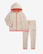 Heart Pink Sweat Set featuring a soft hoodie with heart patterns and matching joggers with cargo pockets.