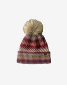 Rose Iris Pom Beanie in pink, red, and beige tones with a fluffy pom pom on top.