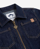Close-up of Appaman Moonlight Wash Jojo Denim Jumpsuit showcasing denim texture and zipper detail.