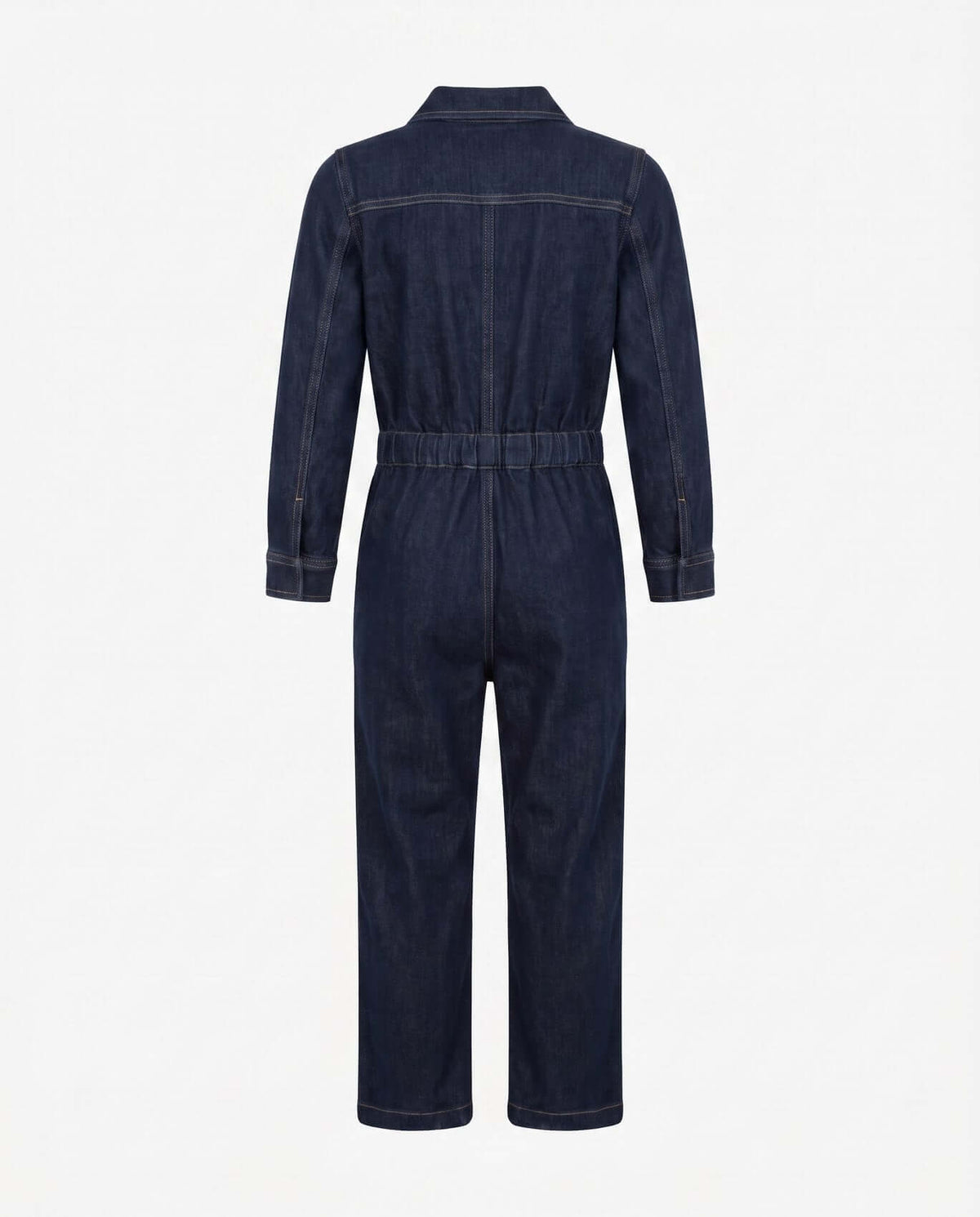 Back view of Moonlight Wash Jojo Denim Jumpsuit showing relaxed fit and long sleeves, ideal for active kids.