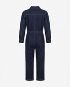 Back view of Moonlight Wash Jojo Denim Jumpsuit showing relaxed fit and long sleeves, ideal for active kids.