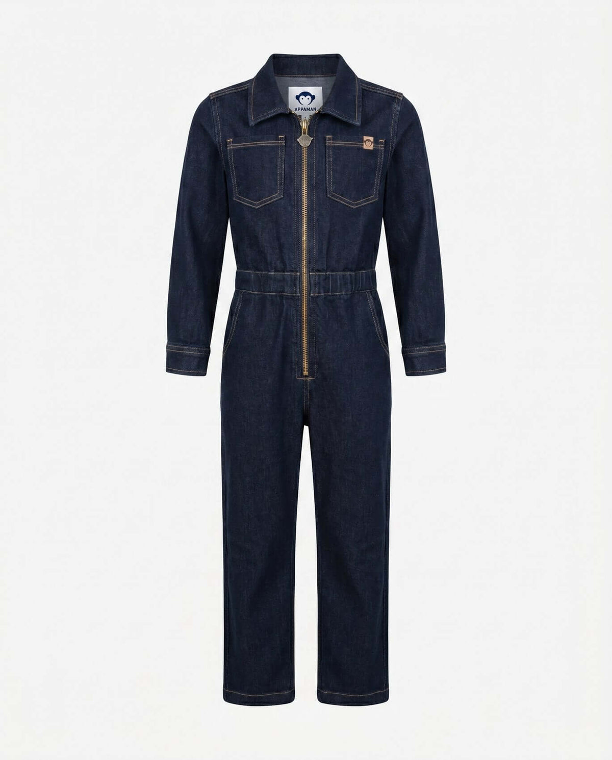 Moonlight Wash Jojo Denim Jumpsuit featuring long sleeves, relaxed fit, and zipper closure for easy wear.