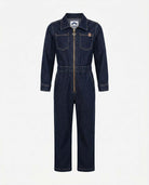 Moonlight Wash Jojo Denim Jumpsuit featuring long sleeves, relaxed fit, and zipper closure for easy wear.