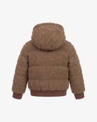 A brown sherpa fleece hooded puffer jacket shown from the back, featuring horizontal quilted stitching and ribbed cuffs and hem, on a light gray background.