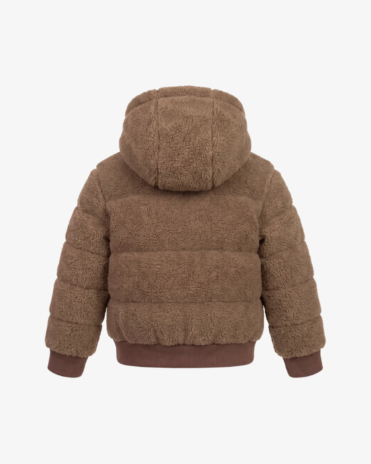 A brown sherpa fleece hooded puffer jacket shown from the back, featuring horizontal quilted stitching and ribbed cuffs and hem, on a light gray background.