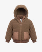 A brown sherpa fleece zip-up hooded jacket with quilted front pockets, shown on a plain light gray background.
