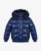 A navy blue puffer jacket with a dark navy faux-fur trimmed hood, featuring horizontal quilting, snap-button front closure, and ribbed cuffs and hem, shown against a plain light gray background.