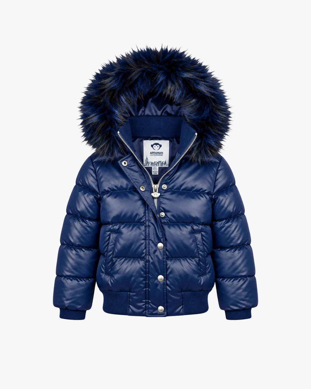 Appaman girls' Kyla puffer jacket in navy shine, front view.