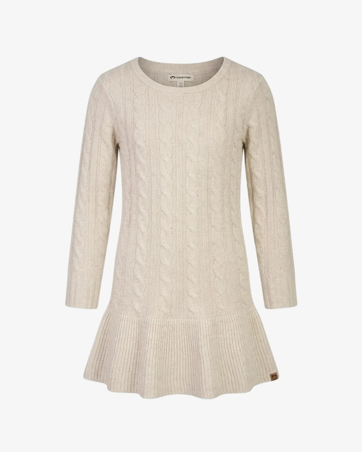 Appaman girls' sweater dress cable knit oatmeal, front view.
