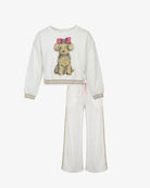 A two-piece children's loungewear set in off-white, featuring a cropped sweatshirt with a sequined dog graphic and matching wide-leg pants.