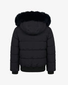 Appaman girls' black puffer bomber jacket with faux fur hood, back view.