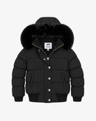 Appaman girls' black puffer bomber jacket with faux fur hood, front view.