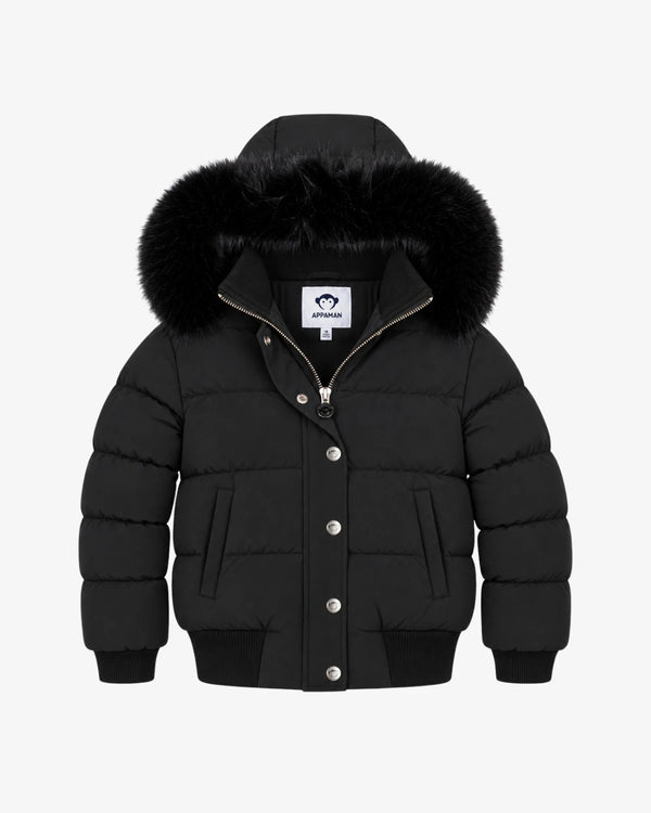 Appaman girls' black puffer bomber jacket with faux fur hood, front view.