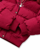 Appaman girls' red puffer bomber jacket with corduroy yoke and faux fur hood, close-up cuff detail.