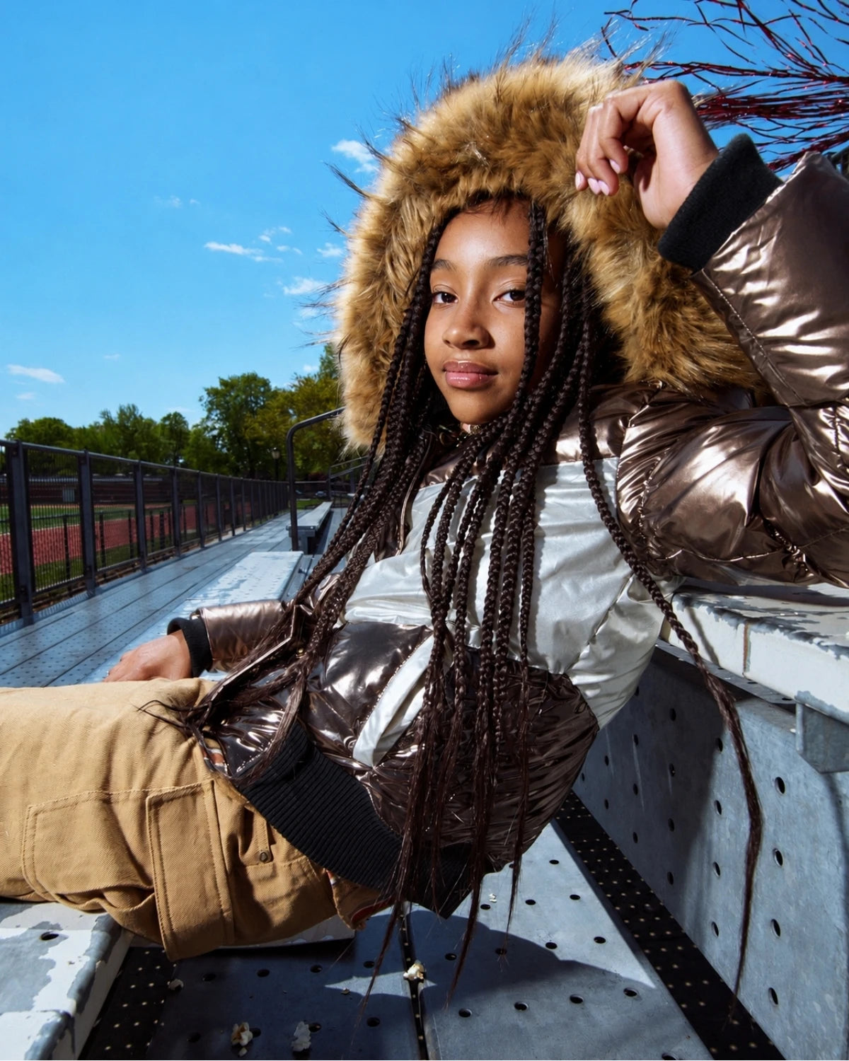 Appaman girls' puffer jacket kyla bronze multi, lifestyle photo.