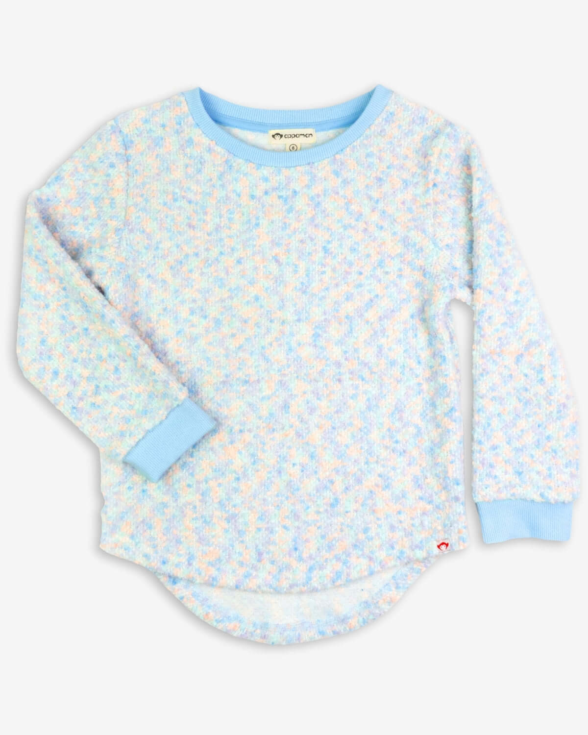 Multi Laurel Top featuring a soft, multicolor design with blue arm cuffs and a high-low length.