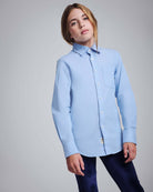 Navy Twilight Leggings worn with a light blue button-up shirt, showcasing a stylish outfit for kids.