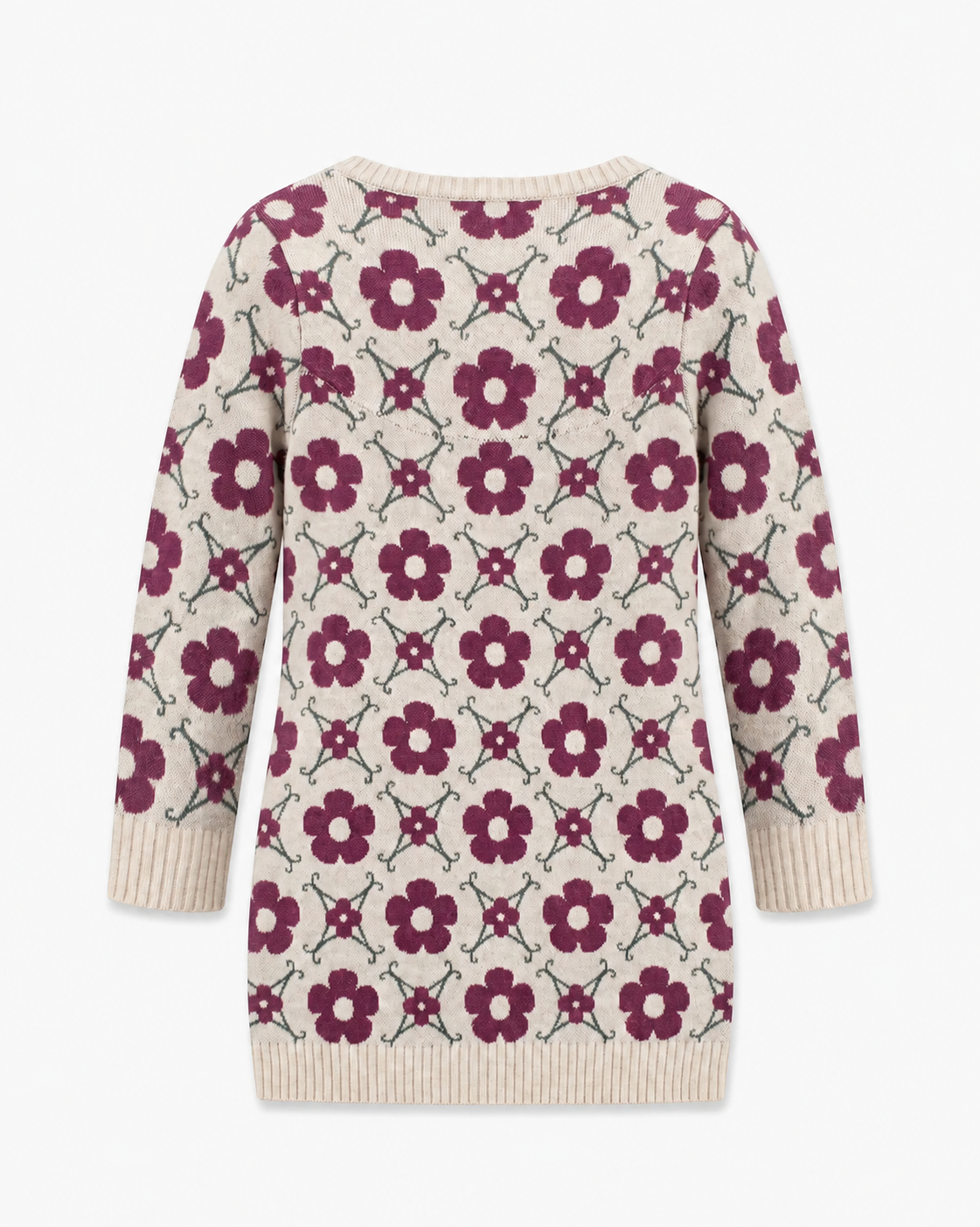 Appaman girls' ivory floral jacquard sweater dress, back view.