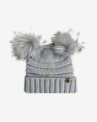 Shiny Silver Mia Faux Fur Pom Beanie featuring plush pom poms for a stylish winter accessory.
