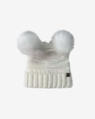 Winter White Mia Pom-Pom Beanie featuring cream ribbed knitting and faux fur pom poms.