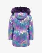 Appaman girls' iridescent holographic parka in purple with faux fur hood, back view.