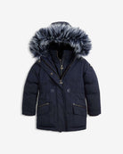 Navy Sparkle Middie Puffer Coat with faux fur hood and pockets for winter warmth and style.