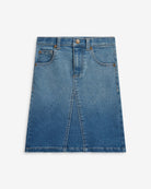 Midi Denim Skirt in medium wash, featuring a straight cut, pockets, and button zipper closure for a stylish look.