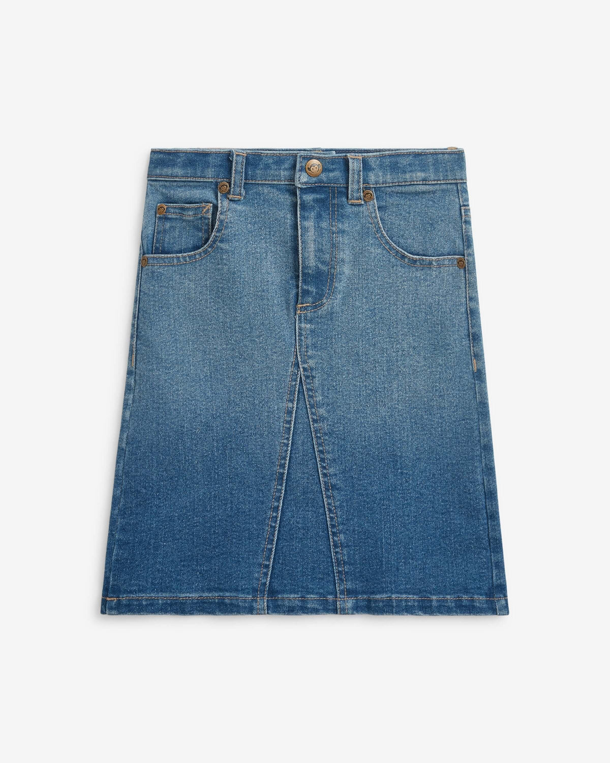 Midi Denim Skirt in medium wash, featuring a straight cut, pockets, and button zipper closure for a stylish look.