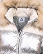 Appaman girls' metallic silver puffer coat with sherpa faux fur hood, close-up collar detail.