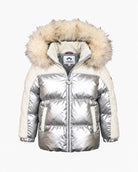 Appaman girls' metallic silver puffer coat with sherpa faux fur hood, front view.