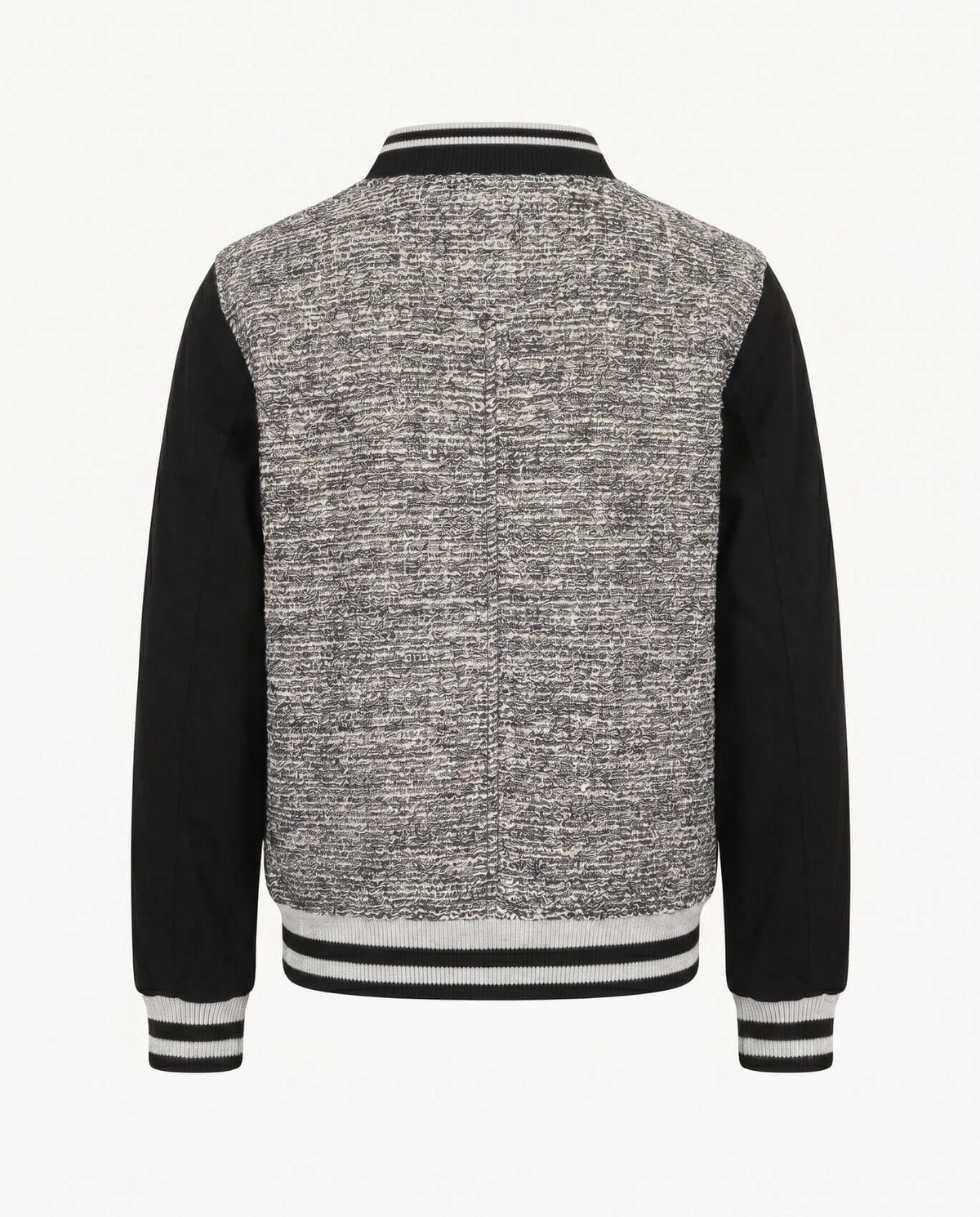 Back view of the Black Boucle Nikki Bomber Jacket featuring ribbed collar and cuffs.