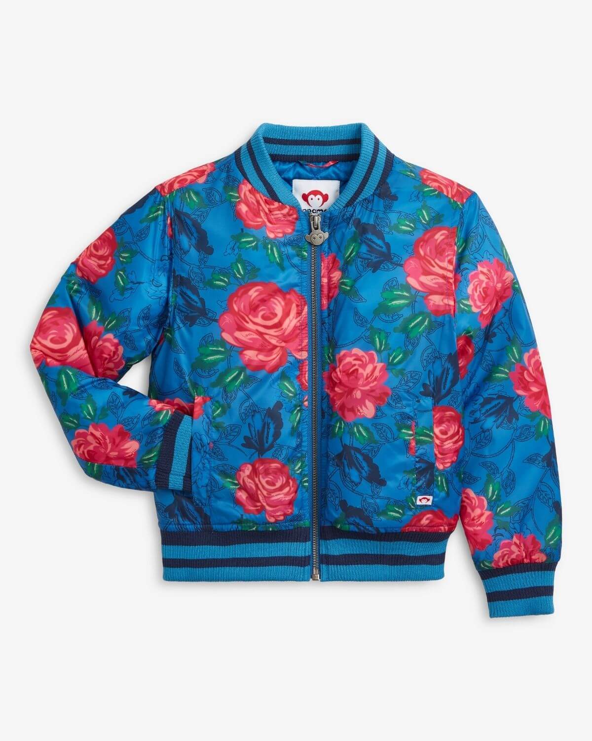 Bluebell Rose Garden Nikki Bomber Jacket with colorful rose pattern and stylish zipper front for kids.