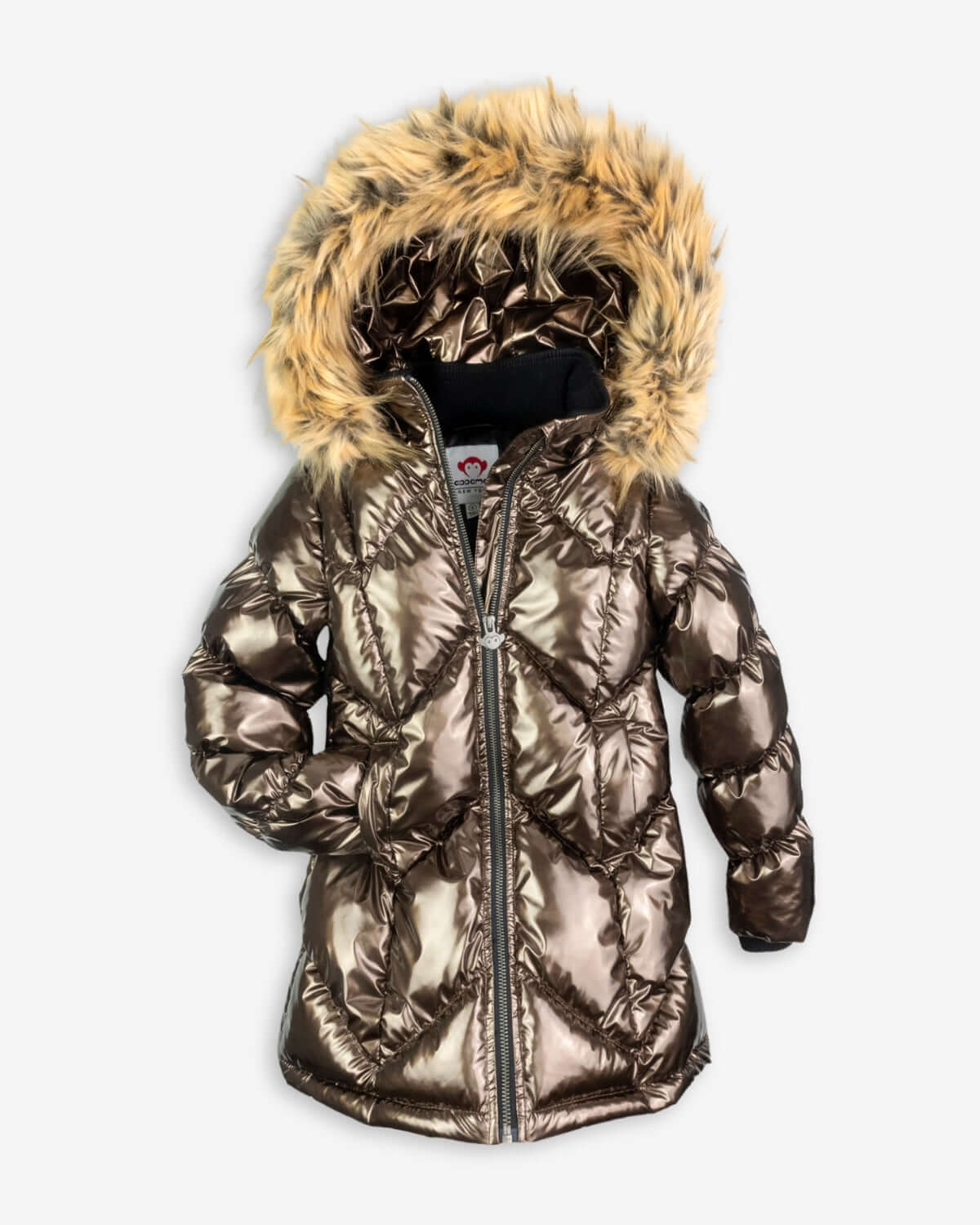 Copper Nova Long Coat featuring a faux fur hood, designed for warmth with stylish metallic fabric.