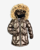 Copper Nova Long Coat featuring a faux fur hood, designed for warmth with stylish metallic fabric.